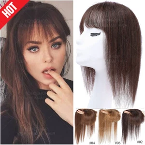 100% Remy Human Hair Mono Silk Base Topper Bangs Clip Top Piece Toupee Wig Women - Picture 1 of 17