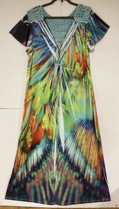 One World Maxikleid 2x bunte Flatterärmel Häkeldetail MÄNGEL siehe Foto - Bild 1 von 6