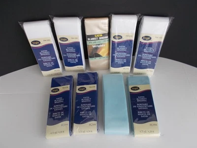 Wrights Satin Blanket Binding Lot 9 New 4.75yds pkgs White,Navy,Baby Blue,Oyster - Image 1 of 4