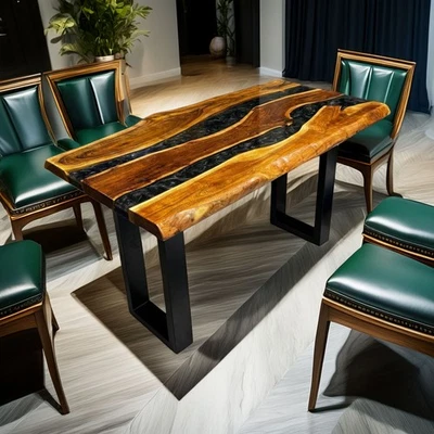 Mesa de río de resina epoxi negra de lujo borde vivo madera escritorio moderno hecho a mano Foto 1 de 4