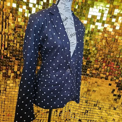 Blazer para mujer Liz Claiborne lunares azul marino oscuro talla 4 botones bolsillo frontal Foto 1 de 4