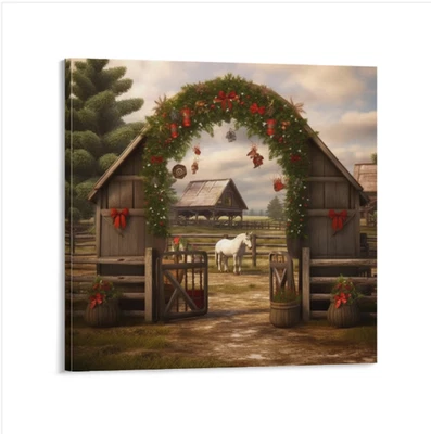 Vintage Farmhouse Country Christmas Holiday Canvas Print Snow Trees 16 x 16 NEW - Image 1 of 3