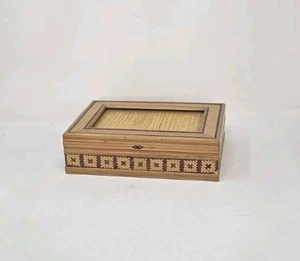 Vintage Stroh Bambus Intarsien Schmuckkästchen rotes Futter Foto Schlitz - Bild 1 von 11