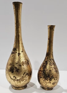 Vintage Pair of Japan Brass? Bud Vases Gold Black Mottled Design 8.5" & 6.5" - Picture 1 of 15