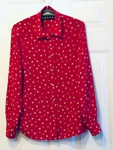 NEW Amanda Smith Pure Silk Sz M Blouse Shirt Long Sleeve Red/Yellow Polka Dot - Picture 1 of 11
