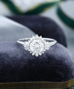 2ct Round Cut Moissanite Art Deco Flower Engagement Ring 14k White Gold Plated - Picture 1 of 6