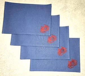 NEW - (4) Embroidered Crab Blue Fabric Place Mats - Beach House Theme - Washable - Picture 1 of 8