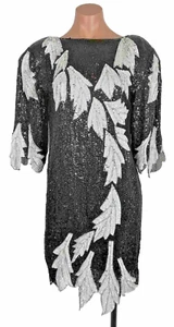 Champs Elysees Vintage 80s Silk Sequin Beaded Formal Evening Dress Prom Flapper - Picture 1 of 11