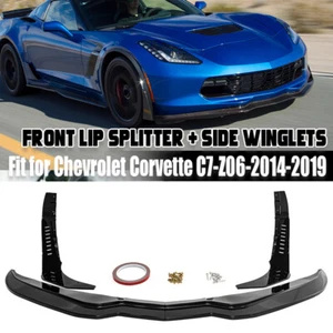 GLOSS BLACK Fits 2014-19 Corvette C7 Z06 Stage 3 Front Lip Splitter & Winglets - Picture 1 of 12