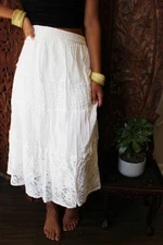 Boho Gypsy Hippy Midi Skirt Ivory Cut Out Design Handmade Tiered Skirts S/M