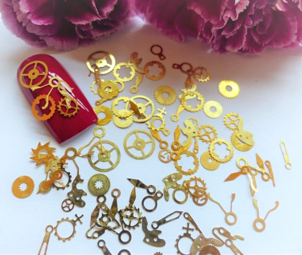 50 x Nail Art Gold Steam Punk Clock Watch Cog Parts Mix Small Thin Metal Spangle