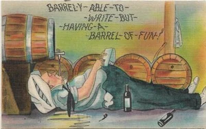Vintage Postcard Comic Drinking Barely Able to Write But Having a Barrel of Fun - Picture 1 of 3