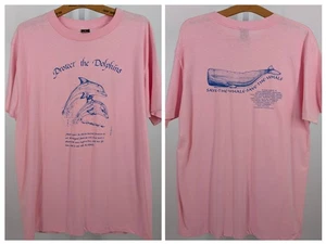 Vintage 70s 80s Dolphin Whale Conservation Protest Ocean Pink T Shirt USA Anvil - Picture 1 of 7