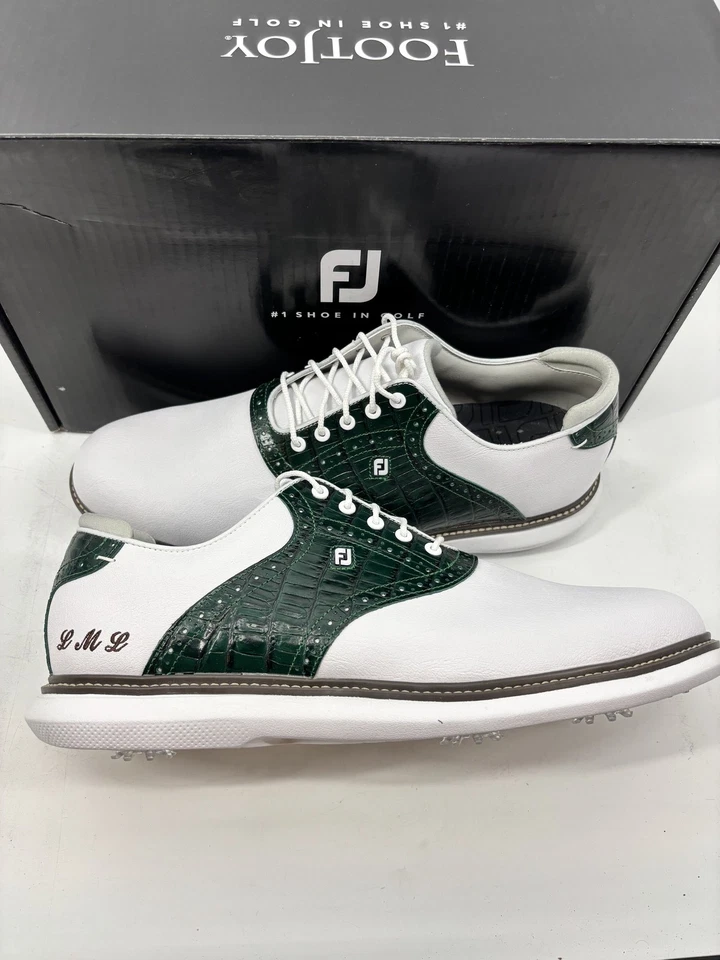 Footjoy Myjoys Traditions Series Golf Shoes White Green Custom Initials 14 Med - Image 1 of 1