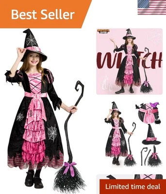 Lindo disfraz de bruja de cuento de hadas conjunto de lujo con escoba para niñas Foto 1 de 4