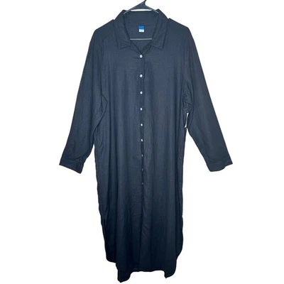 Old Navy NWT Women's Black Long Sleeve Linen Blend Button Down Midi Dress SZ L - Image 1 of 4