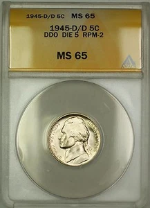 1945-D/D RPM-2 DDO DIE 5 Wartime Silver Jefferson Nickel 5c Coin ANACS MS-65 (M) - Picture 1 of 2
