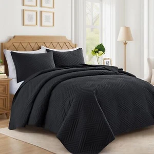 Queen Black Quilt with Stripe Pattern Summer Lightweight Full Size Thin Comfo... - Picture 1 of 7