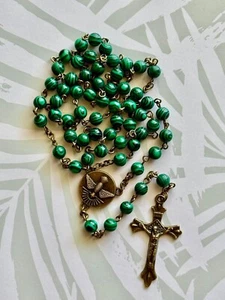 Vintage Bronze Green Malachite Stone Bead Holy Rosary for Catholic Prayer Gift - Photo 1 sur 5