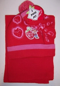 SOMBRERO TEJIDO GORRO GORRA GUANTES BUFANDA CONJUNTO POMPÓN FRESA Rojo Rosa SHORTCAKE ¡NUEVO! - Imagen 1 de 4