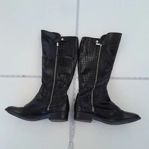 CLARKS Leather Boots 6 Black Full Zip Moc Croc Print Flat Knee High - Picture 1 of 9
