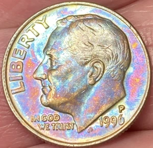1996-P Roosevelt Dime Beautiful Lustrous Rainbow Toned Coin w/Errors #6 - Picture 1 of 12