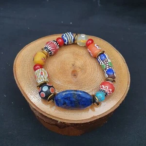 Vintage chevron African Glass beads with Beautiful Natural Lapis Lazuli Bracelet - Picture 1 of 7