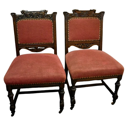 Antique Pair of Carved Oak Tudor Style Chairs w/Lion Heads Cover
