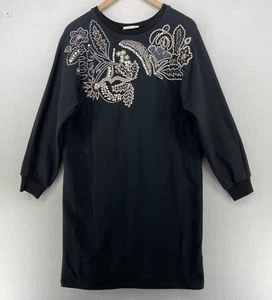 MEGAN PARK Dress 0 Floral Embellished Shift Sweatshirt Terry Cotton Black - Picture 1 of 16
