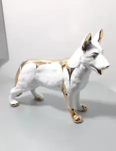 Vintage Ceramic White with Gold German Shepherd Dog Statuette Figurine Ornament - Picture 1 of 10