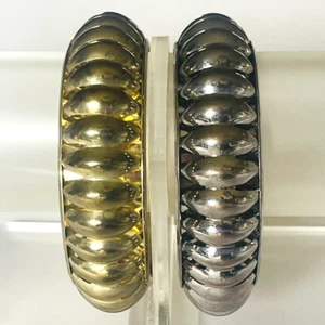 Bangle Bracelet Lot Metal Ribbed 2 Vintage Gold & Silver Tone Chunky Boho 8.25" - Picture 1 of 15