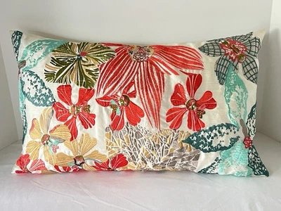 Cynthia Rowley Throw Accent Pillow Embroidered Flowers 22”X13” Coral Teal - Image 1 of 4
