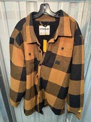 Caterpillar Sherpa-Lined Plaid Flannel Shacket Mens Size 2XL Black Brown - Image 1 of 3