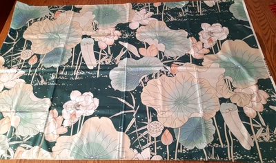 53"x35" Lotus Flowers Botanical Design Satin Sheen Fabric Green Peach White - Image 1 of 4