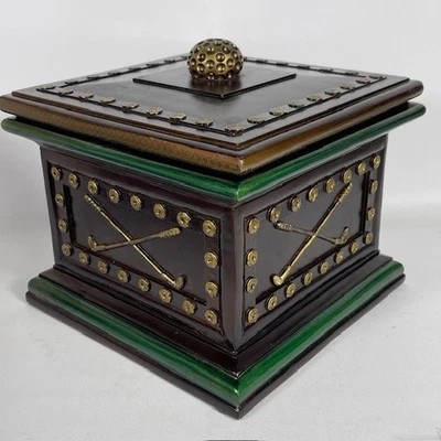 装饰盒和盖高尔夫球手主题球杆和高尔夫球衬里7x8x8英寸树脂重型 — 第 1/4 张图片