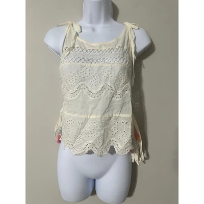 Ecote URBAN OUTFITTERS Eyelet Lace Tie Strap Tank Top Cream Crochet Boho S - Image 1 of 4