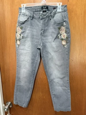 Earl Jean Gray 10 Skinny Ankle Jeans Embroidered Flowers Stretch Denim - Image 1 of 4