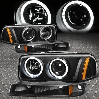 [LED HALO] FOR 1999-2006 GMC SIERRA YUKON PROJECTOR HEADLIGHTS BUMPER LAMP BLACK - Image 1 of 4