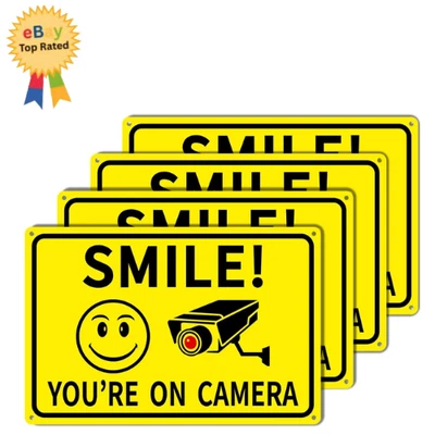 Paquete de 4 letreros de cámara Smile You're On de aluminio de 8"x12" para videovigilancia al aire libre Foto 1 de 4