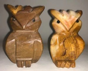 Par de estatuillas de búho vintage talladas ónix ~ 3,5" de alto marrón precioso - Imagen 1 de 6