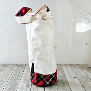 11" J Crew White Canvas Water Wine Bottle Tote Carryall Bag with Red Tartan - Picture 1 of 19