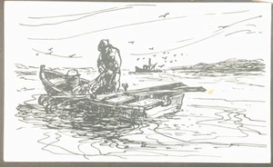 Greenport Long Island New York vom Künstler gezeichneter Fischer in Skiff KOSTENLOSER VERSAND - Bild 1 von 2