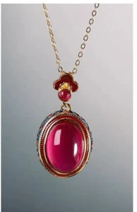 Vermeil Garnet w/ Cloisonne .925 Sterling Silver Gold Floral Trim Pendant - Picture 1 of 8