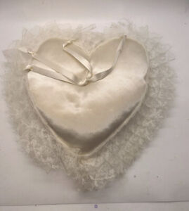 Vintage Ivory Satin look Heart Shaped Ring Bearer Pillow Lace Trim