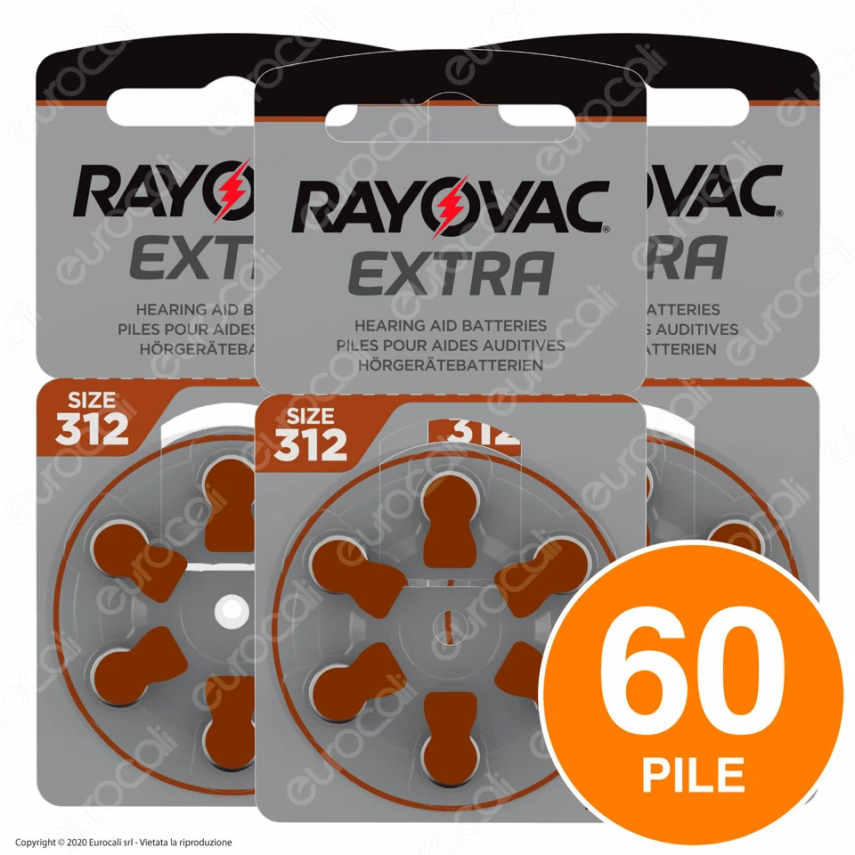 60 Batterie PILE RAYOVAC Extra 312 per Apparecchi Acustici PROTESI udito PR41 - Immagine 1 di 1
