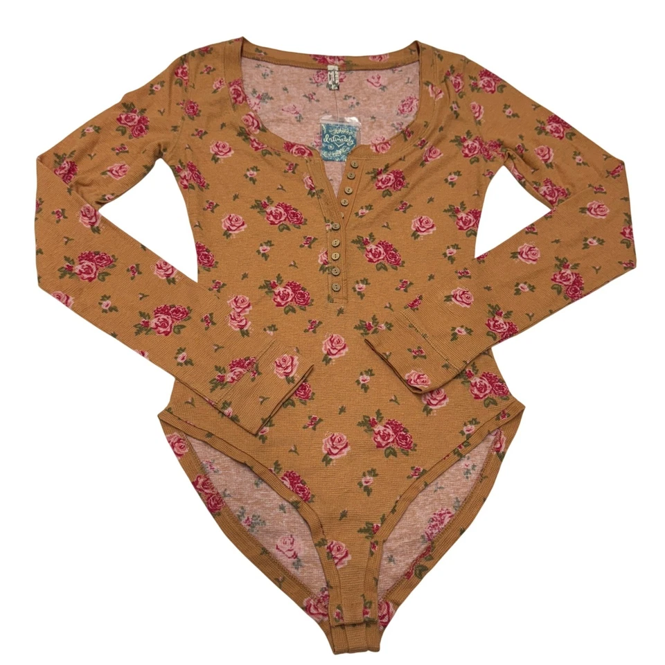 Free People Bodysuit Womens Small Orange Floral Dylan Thermal Long Sleeve Henley - Image 1 of 4