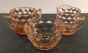 Vintage Pink Glass Open Top Sugar Creamer Bowl 'Cubist' About 3"T Set Of 3 - Picture 1 of 16