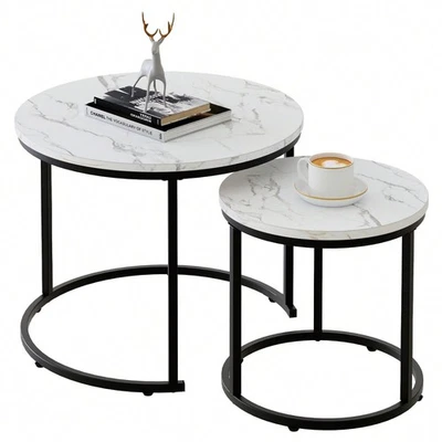 Round Nesting Coffee Table Side Table Set of 2 End Tables for Living Room-Zenga - Image 1 of 4
