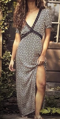 Maxi Vestido Free People S Marley Rojo Frontal Abertura Imperio Encaje Borde Boho Foto 1 de 4