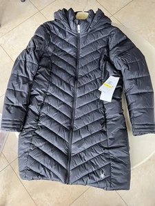 Spyder Women’s Hooded Black Puffer Jacket Medium Water Resistant ThermaWeb NWT - Picture 1 of 7